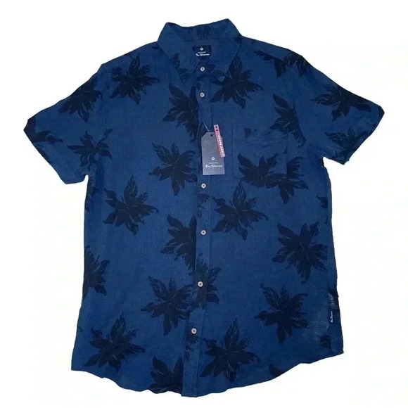 Ben Sherman blue with black floral print linen blend s/s button  down shirt sz L - Picture 1 of 5